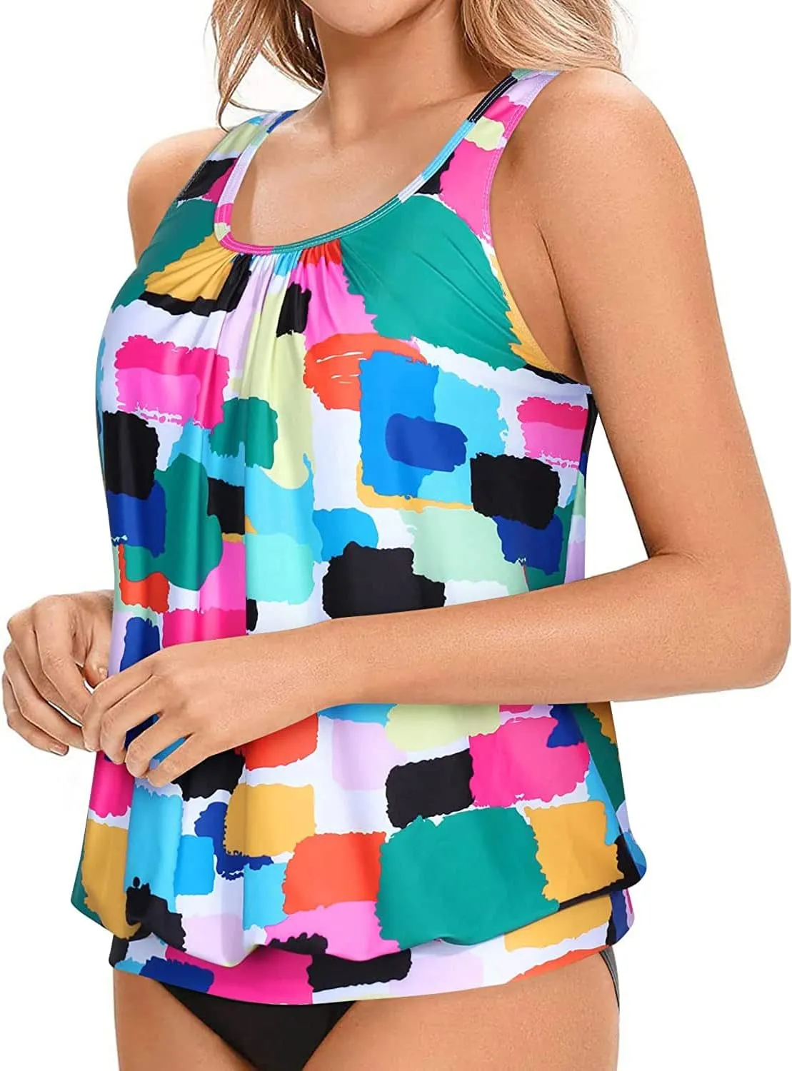 Yonique Womens Blouson Tankini Top No Bottom Loose Fit Swim Top Modest Tank Top
