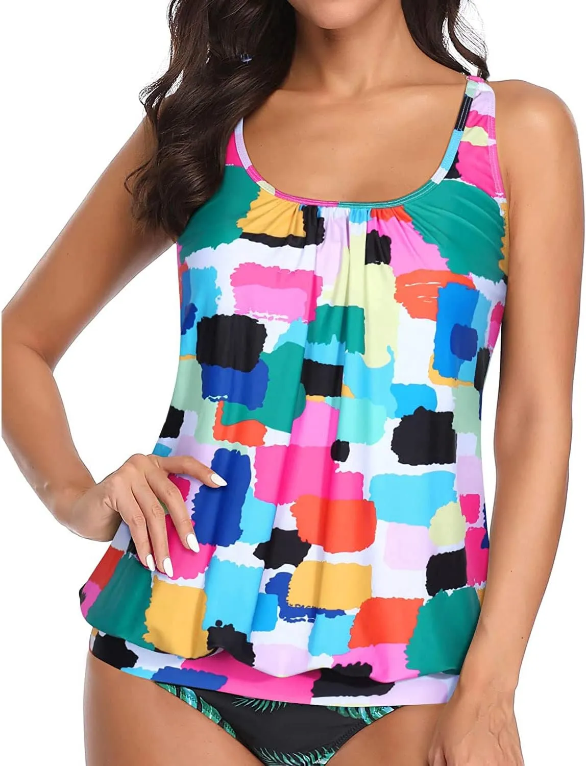 Yonique Womens Blouson Tankini Top No Bottom Loose Fit Swim Top Modest Tank Top