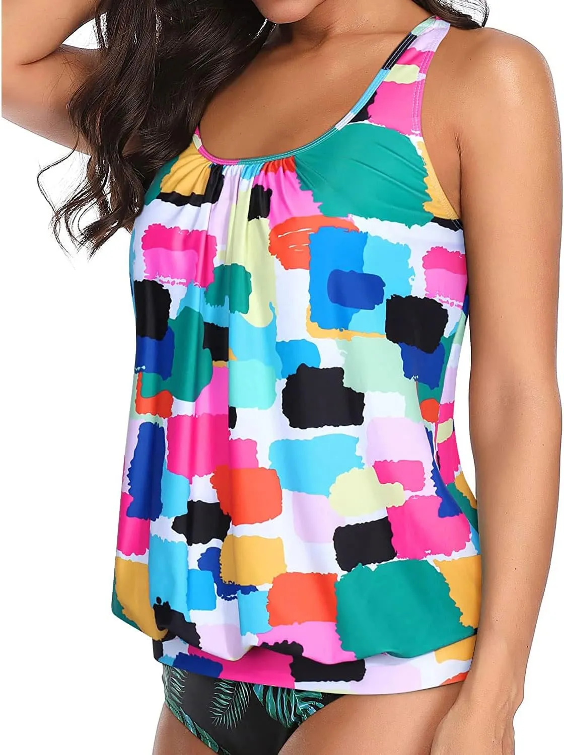 Yonique Womens Blouson Tankini Top No Bottom Loose Fit Swim Top Modest Tank Top