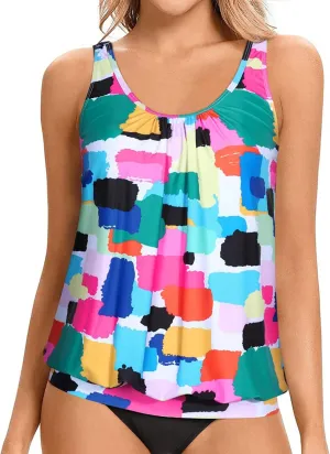 Yonique Womens Blouson Tankini Top No Bottom Loose Fit Swim Top Modest Tank Top