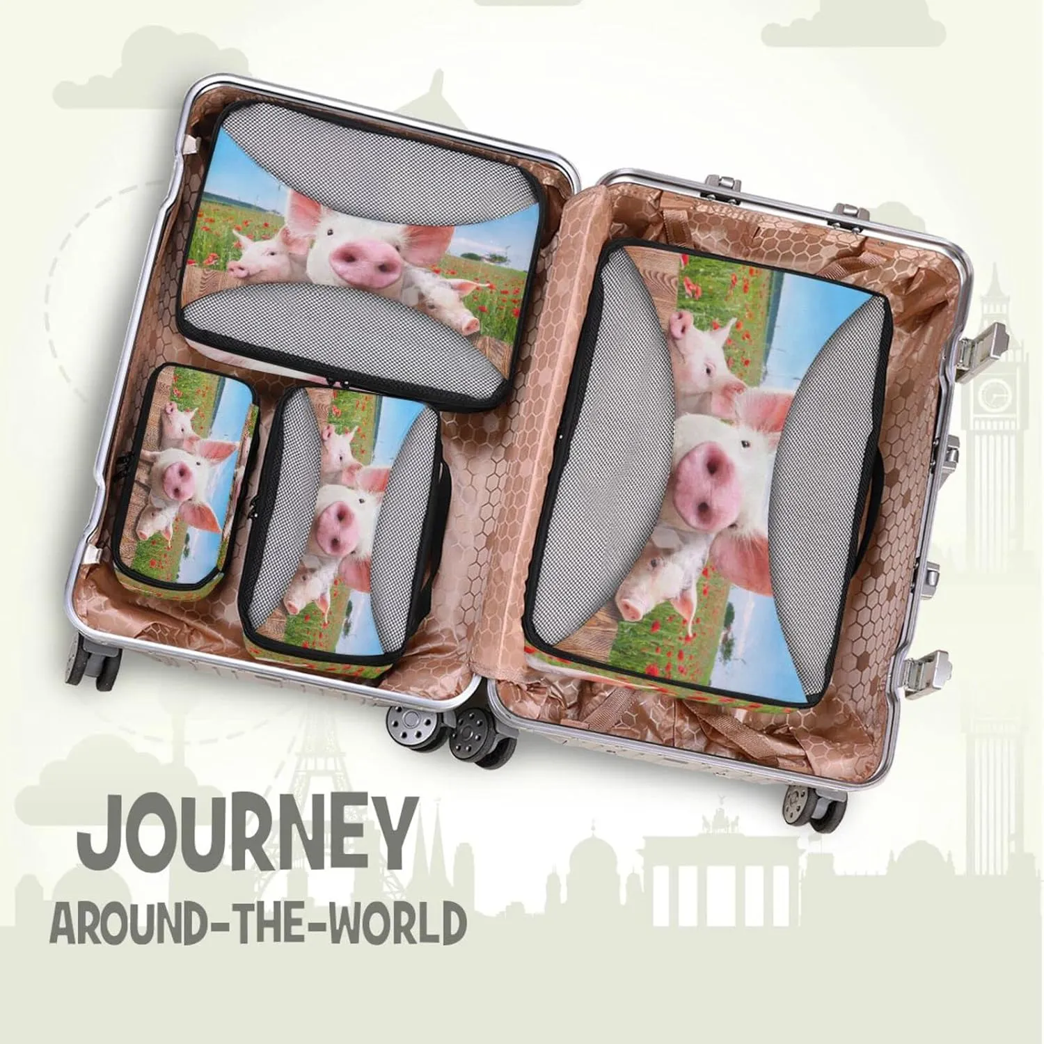 Young Pigs on the Farm Red Poppies Blue Sky 4 PCs Set Packing Bags, Luggage Organizer Bag, Portable Cube Toiletry bag, Durable Travel Cosmetic Storage Bag for Men Women