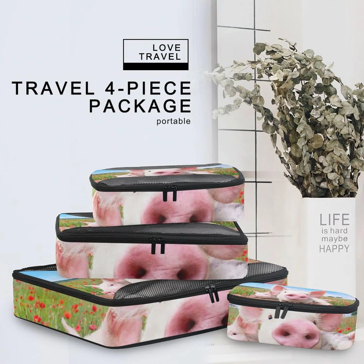 Young Pigs on the Farm Red Poppies Blue Sky 4 PCs Set Packing Bags, Luggage Organizer Bag, Portable Cube Toiletry bag, Durable Travel Cosmetic Storage Bag for Men Women