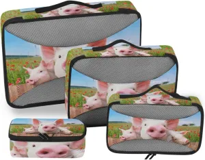 Young Pigs on the Farm Red Poppies Blue Sky 4 PCs Set Packing Bags, Luggage Organizer Bag, Portable Cube Toiletry bag, Durable Travel Cosmetic Storage Bag for Men Women