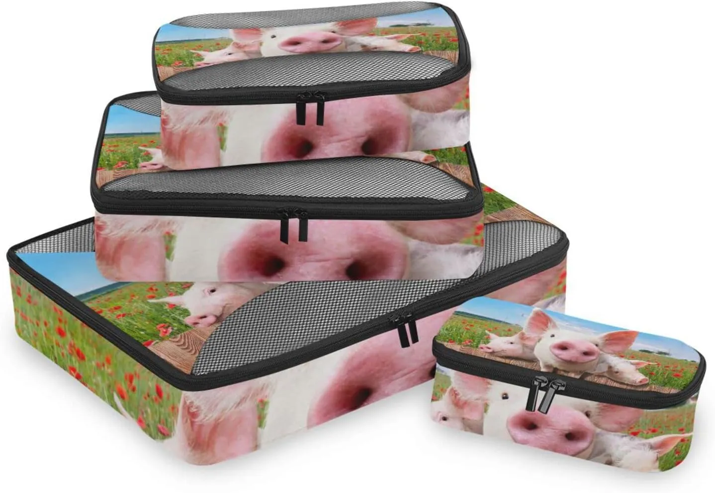 Young Pigs on the Farm Red Poppies Blue Sky 4 PCs Set Packing Bags, Luggage Organizer Bag, Portable Cube Toiletry bag, Durable Travel Cosmetic Storage Bag for Men Women