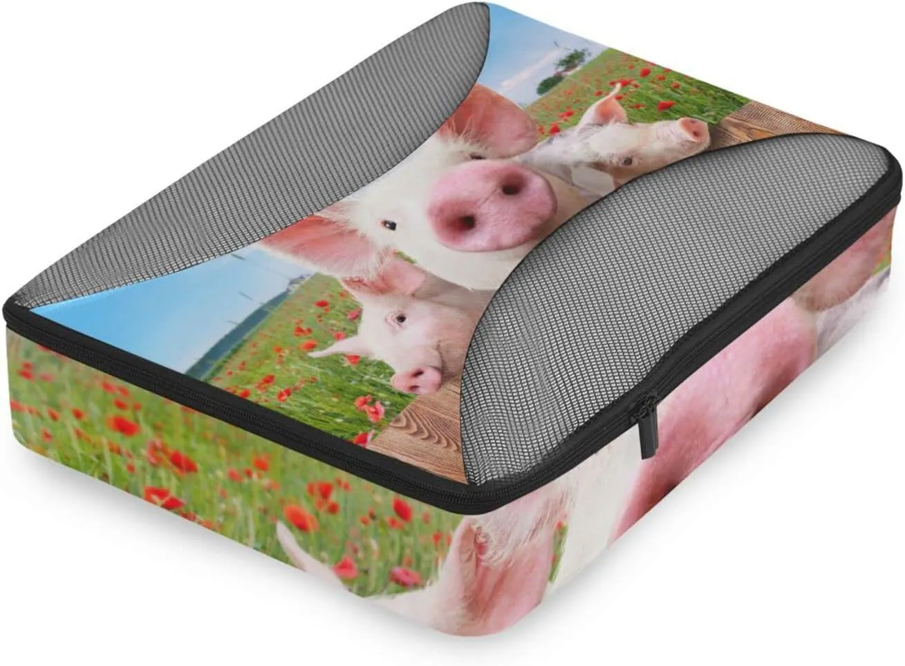 Young Pigs on the Farm Red Poppies Blue Sky 4 PCs Set Packing Bags, Luggage Organizer Bag, Portable Cube Toiletry bag, Durable Travel Cosmetic Storage Bag for Men Women