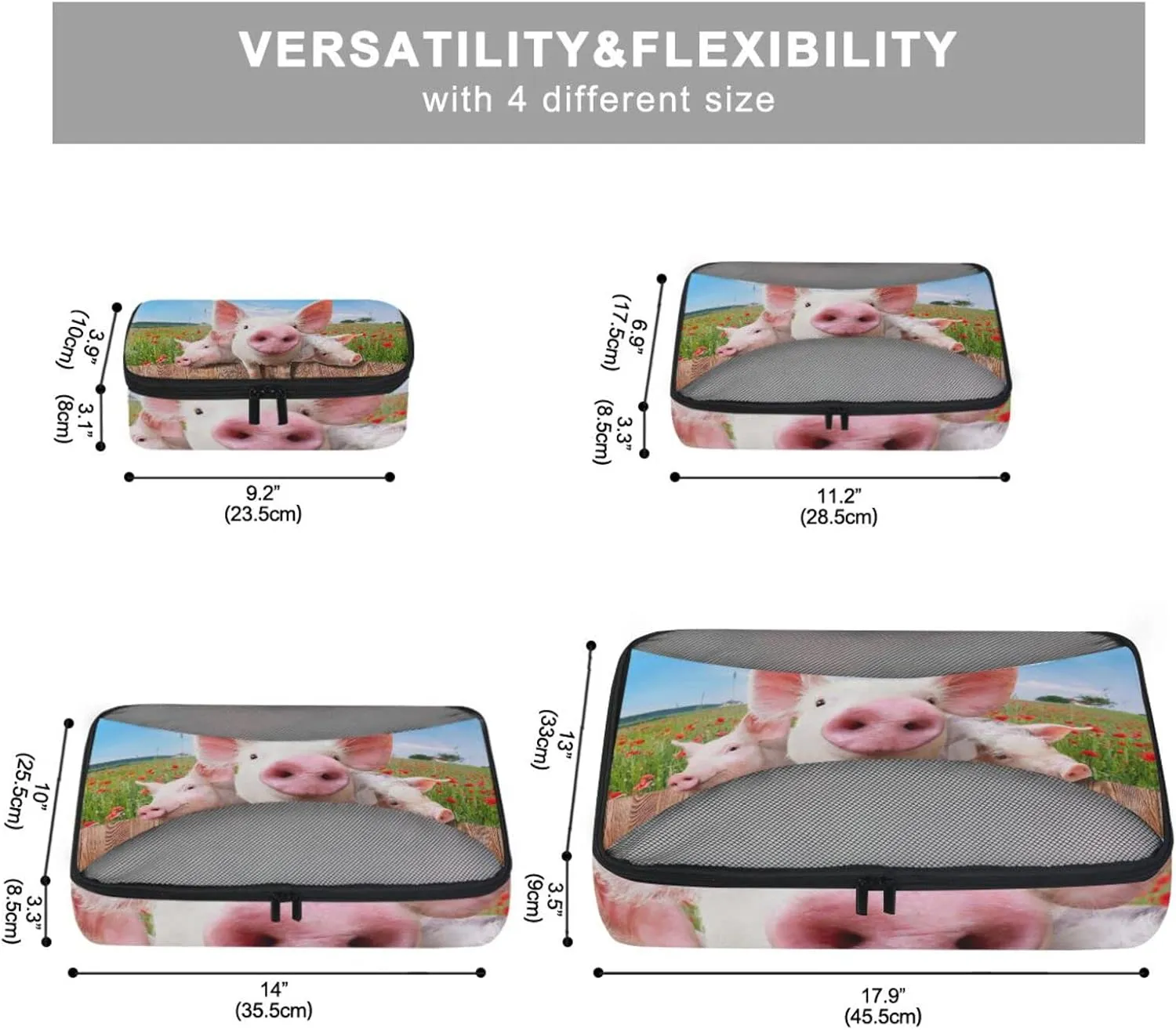 Young Pigs on the Farm Red Poppies Blue Sky 4 PCs Set Packing Bags, Luggage Organizer Bag, Portable Cube Toiletry bag, Durable Travel Cosmetic Storage Bag for Men Women