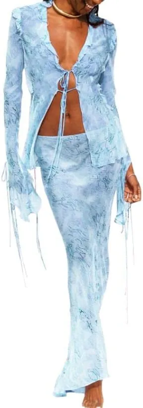 Yuemengxuan Women Going out Maxi Skirts Set Low Cut Lace Trim Cami Top Crop Top High Waist Bodycon Maxi Skirt 2Pcs Outfits
