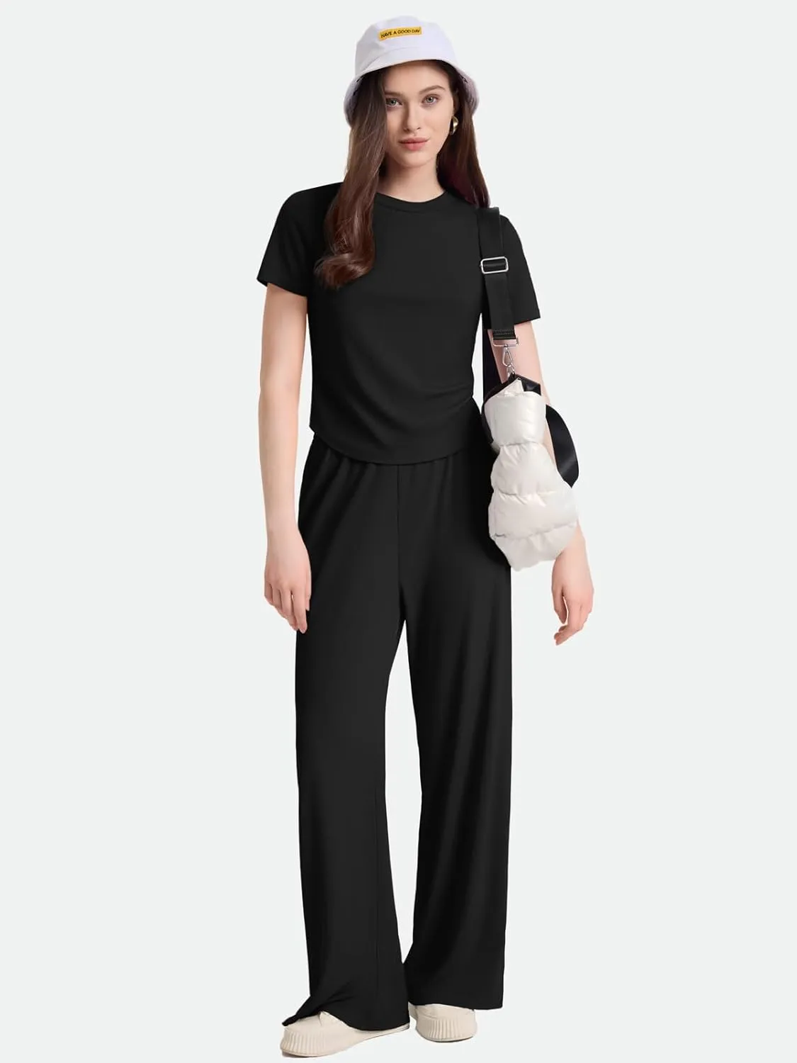 ZANZEA Pajamas For Women Set Ribbed Short Sleeve Tops Wide Leg Pants Comfy Pjs 2 Piece Lounge Sets Cute Outfits