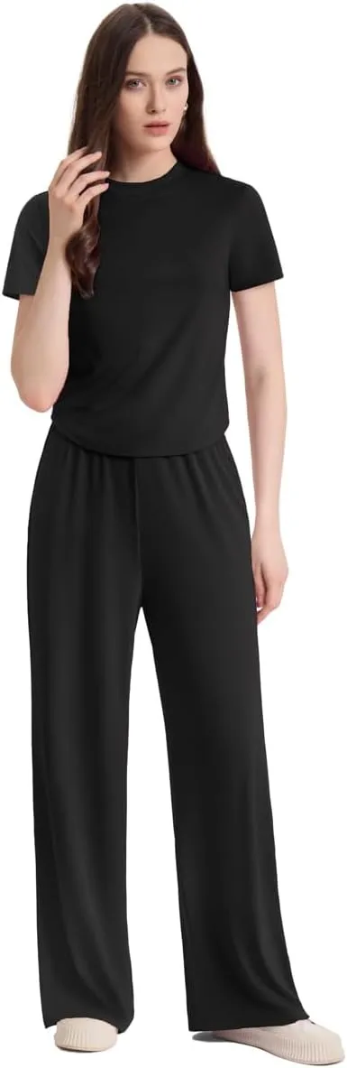 ZANZEA Pajamas For Women Set Ribbed Short Sleeve Tops Wide Leg Pants Comfy Pjs 2 Piece Lounge Sets Cute Outfits