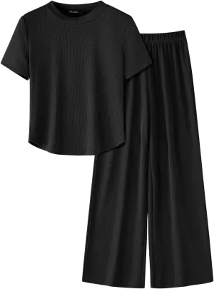 ZANZEA Pajamas For Women Set Ribbed Short Sleeve Tops Wide Leg Pants Comfy Pjs 2 Piece Lounge Sets Cute Outfits