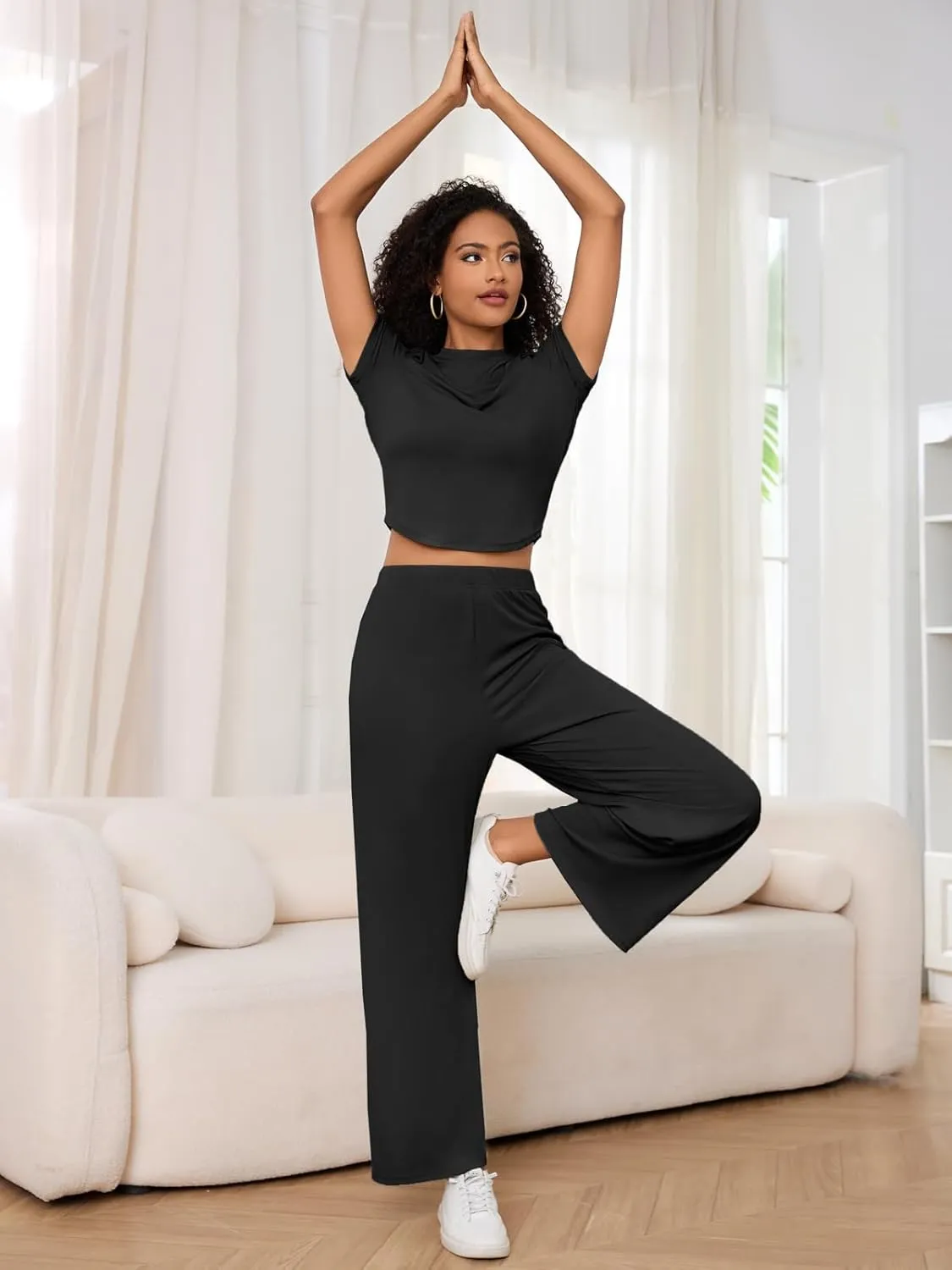 ZANZEA Pajamas For Women Set Ribbed Short Sleeve Tops Wide Leg Pants Comfy Pjs 2 Piece Lounge Sets Cute Outfits