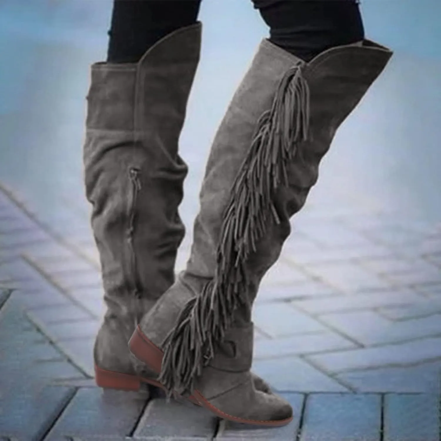 ZBYY Women's Knee High Boots Casual Over The Knee Retro Fringe Moccasin Flat Heel Zipper Long Boots Square Heels Shoes