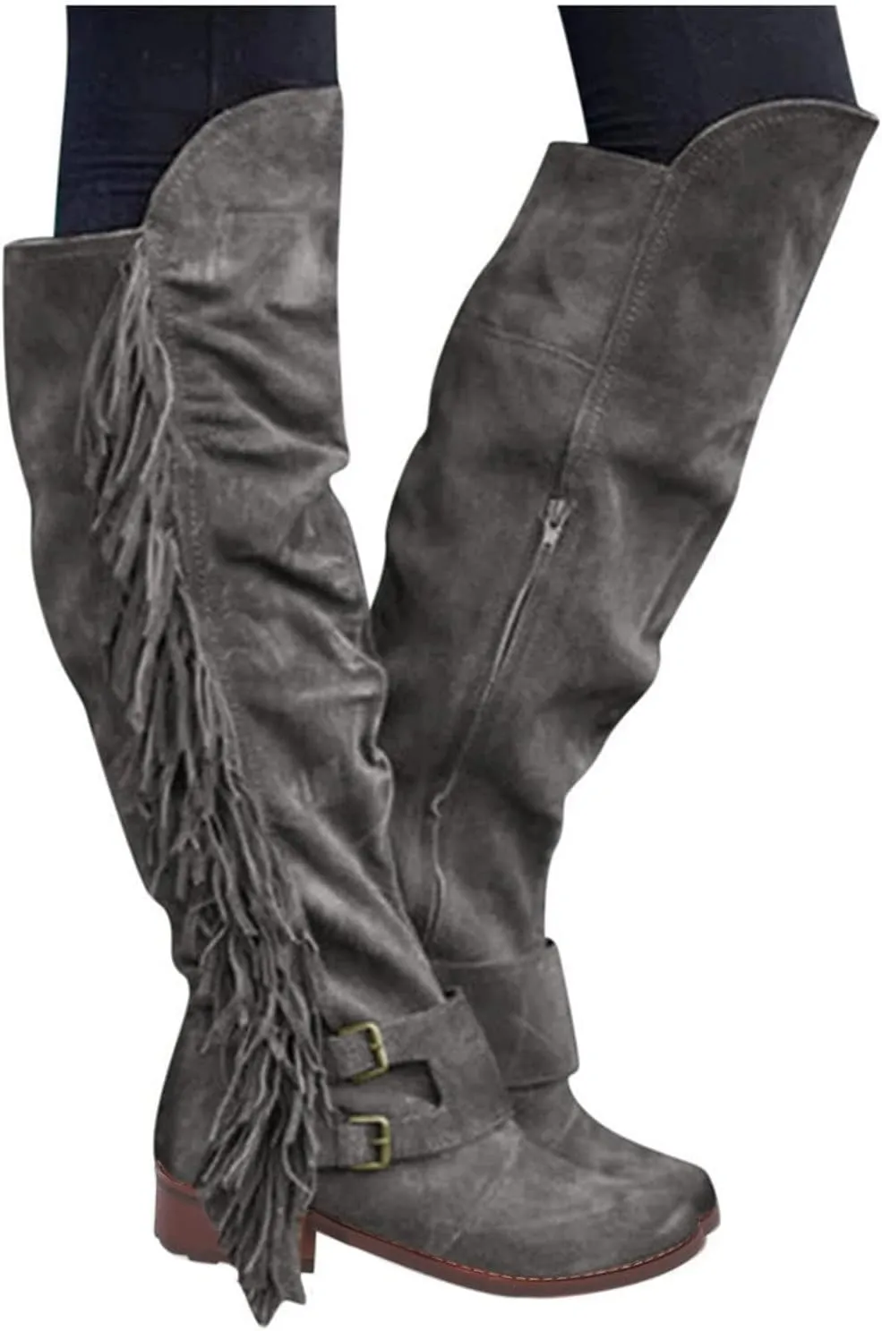 ZBYY Women's Knee High Boots Casual Over The Knee Retro Fringe Moccasin Flat Heel Zipper Long Boots Square Heels Shoes