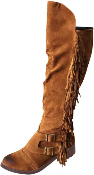 ZBYY Women's Knee High Boots Casual Over The Knee Retro Fringe Moccasin Flat Heel Zipper Long Boots Square Heels Shoes