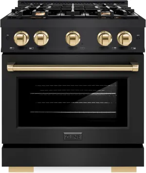 ZLINE Autograph Edition 30 in. 4.2 cu. ft. Select Gas Range with 4 Burner Cooktop and Convection Gas Oven in Black Stainless Steel and Polished Gold Accents (HGRBZ-30-G)