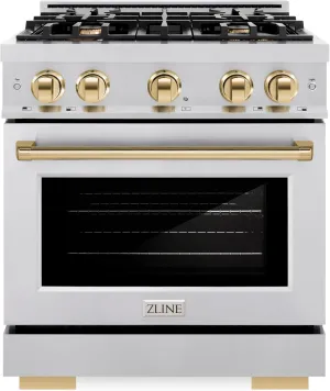 ZLINE Autograph Edition 30 in. 4.2 cu. ft. Select Gas Range with 4 Burner Cooktop and Convection Gas Oven in Stainless Steel and Polished Gold Accents (HGRZ-30-G)