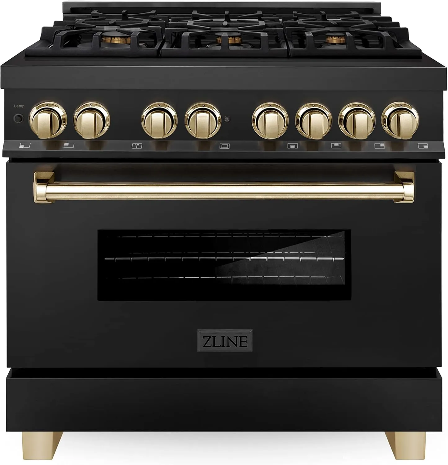 ZLINE Autograph Edition 36 in. 4.6 cu. ft. Legacy Dual Fuel Range with 6 Burner Gas Cooktop and Electric Convection Oven in Black Stainless Steel and Polished Gold Accents (RABZ-36-G)