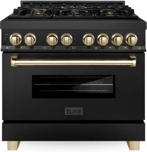 ZLINE Autograph Edition 36 in. 4.6 cu. ft. Legacy Dual Fuel Range with 6 Burner Gas Cooktop and Electric Convection Oven in Black Stainless Steel and Polished Gold Accents (RABZ-36-G)