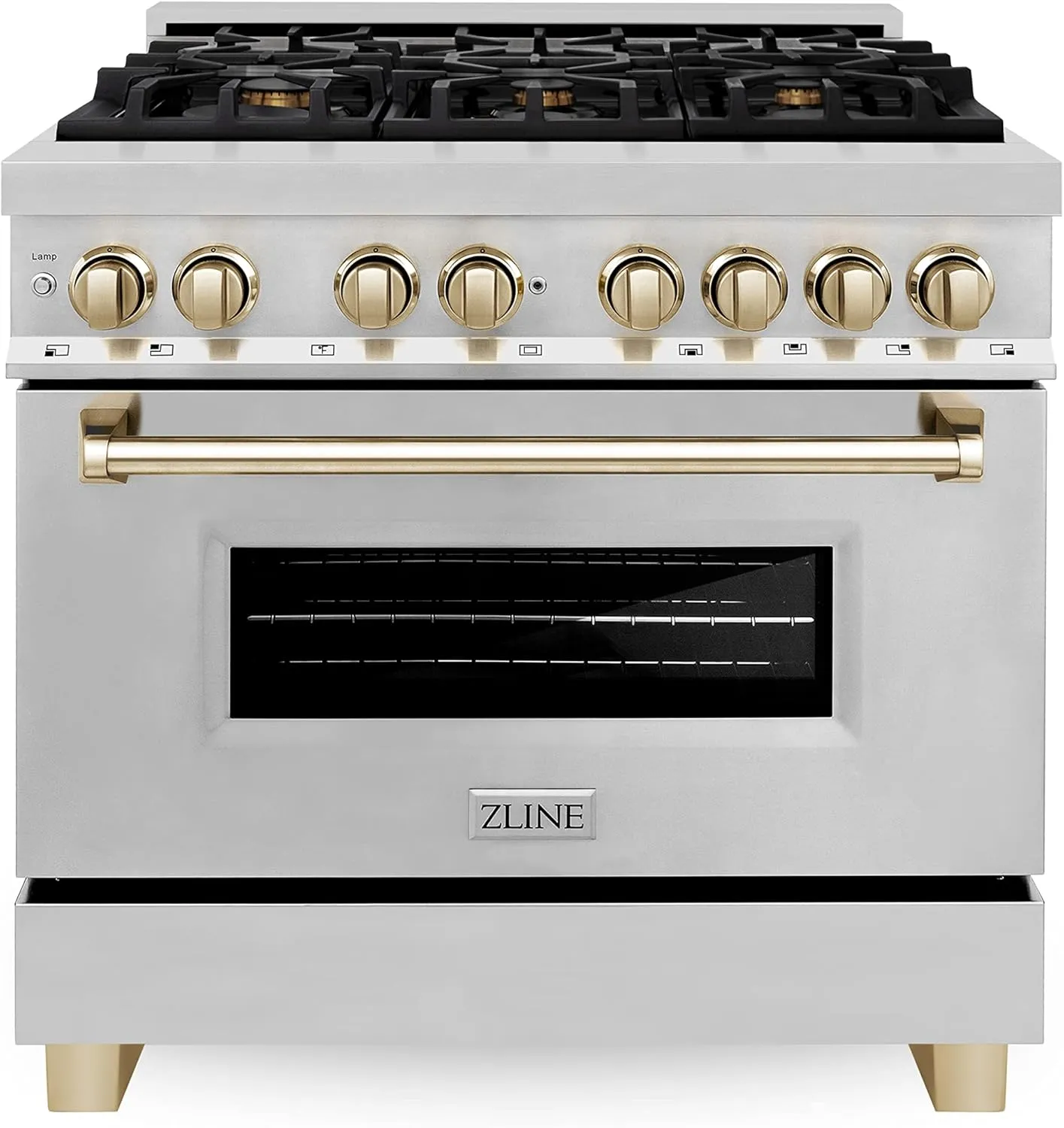 ZLINE Autograph Edition 36 in. 4.6 cu. ft. Legacy Dual Fuel Range with 6 Burner Gas Cooktop and Electric Convection Oven in Stainless Steel and Polished Gold Accents (RAZ-36-G)