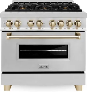 ZLINE Autograph Edition 36 in. 4.6 cu. ft. Legacy Dual Fuel Range with 6 Burner Gas Cooktop and Electric Convection Oven in Stainless Steel and Polished Gold Accents (RAZ-36-G)
