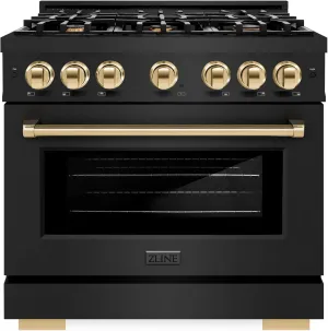 ZLINE Autograph Edition 36 in. 5.2 cu. ft. Select Dual Fuel Range with 6 Burner Gas Cooktop and Electric Convection Oven in Black Stainless Steel with Polished Gold Accents (HDRBZ-36-G)