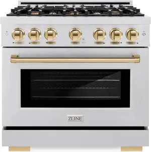 ZLINE Autograph Edition 36 in. 5.2 cu. ft. Select Dual Fuel Range with 6 Burner Gas Cooktop and Electric Convection Oven in Satin Stainless Steel with Polished Gold Accents (HDRSZ-36-G)