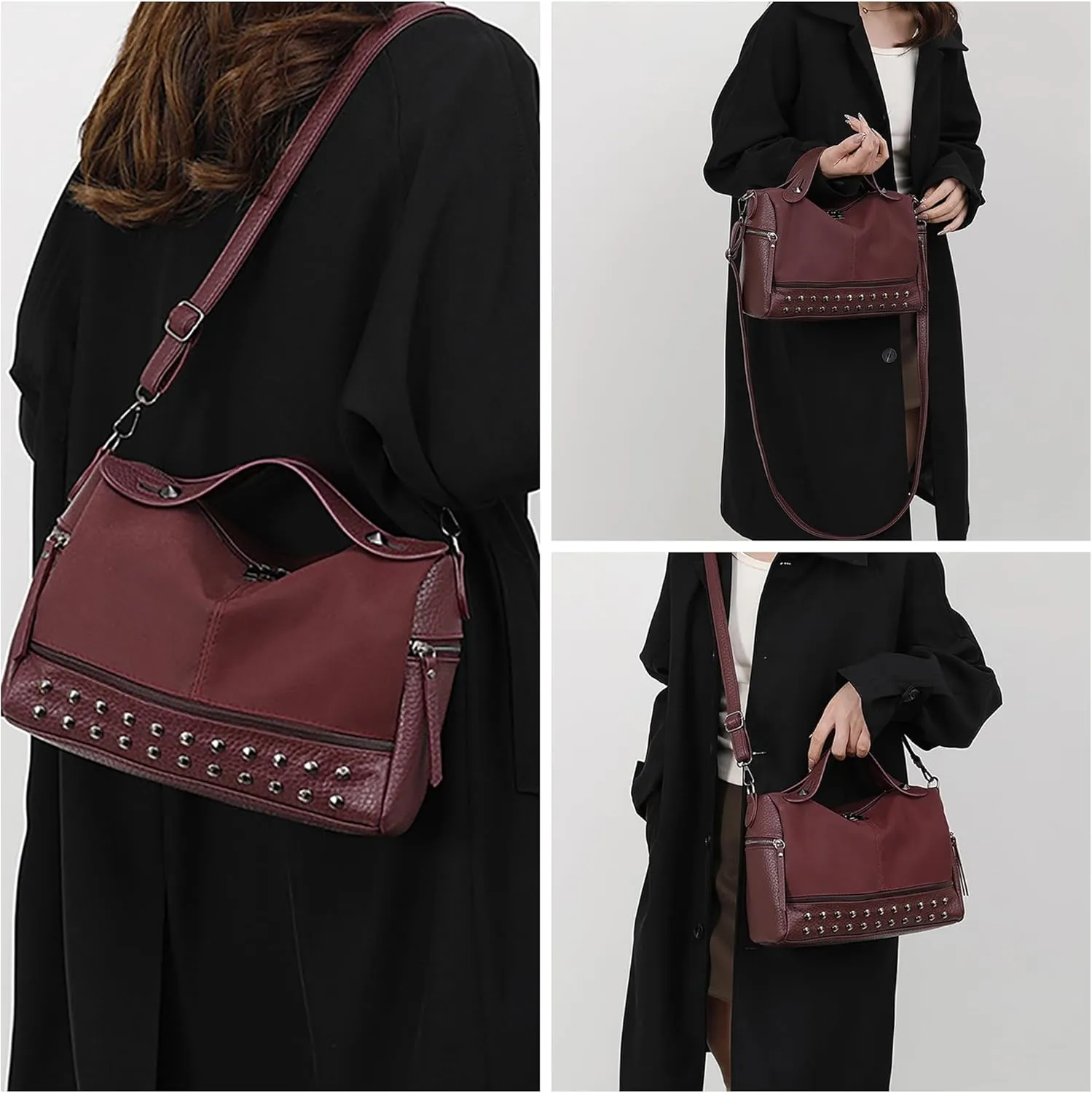 ZLM BAG US Punk Rivet Hobo Handbag for Women Large Crossbody Purse Leather Top Handle Bag