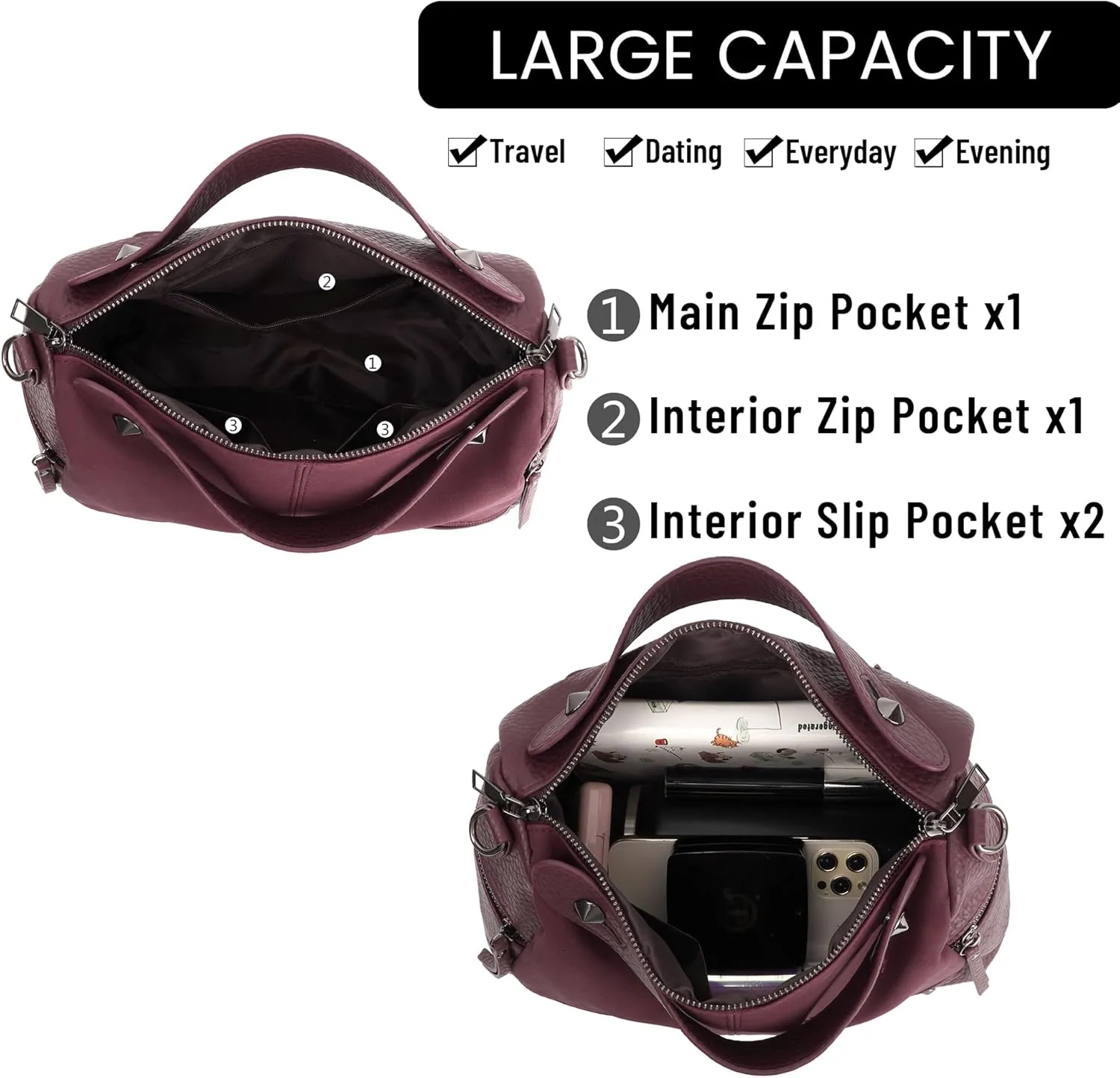 ZLM BAG US Punk Rivet Hobo Handbag for Women Large Crossbody Purse Leather Top Handle Bag