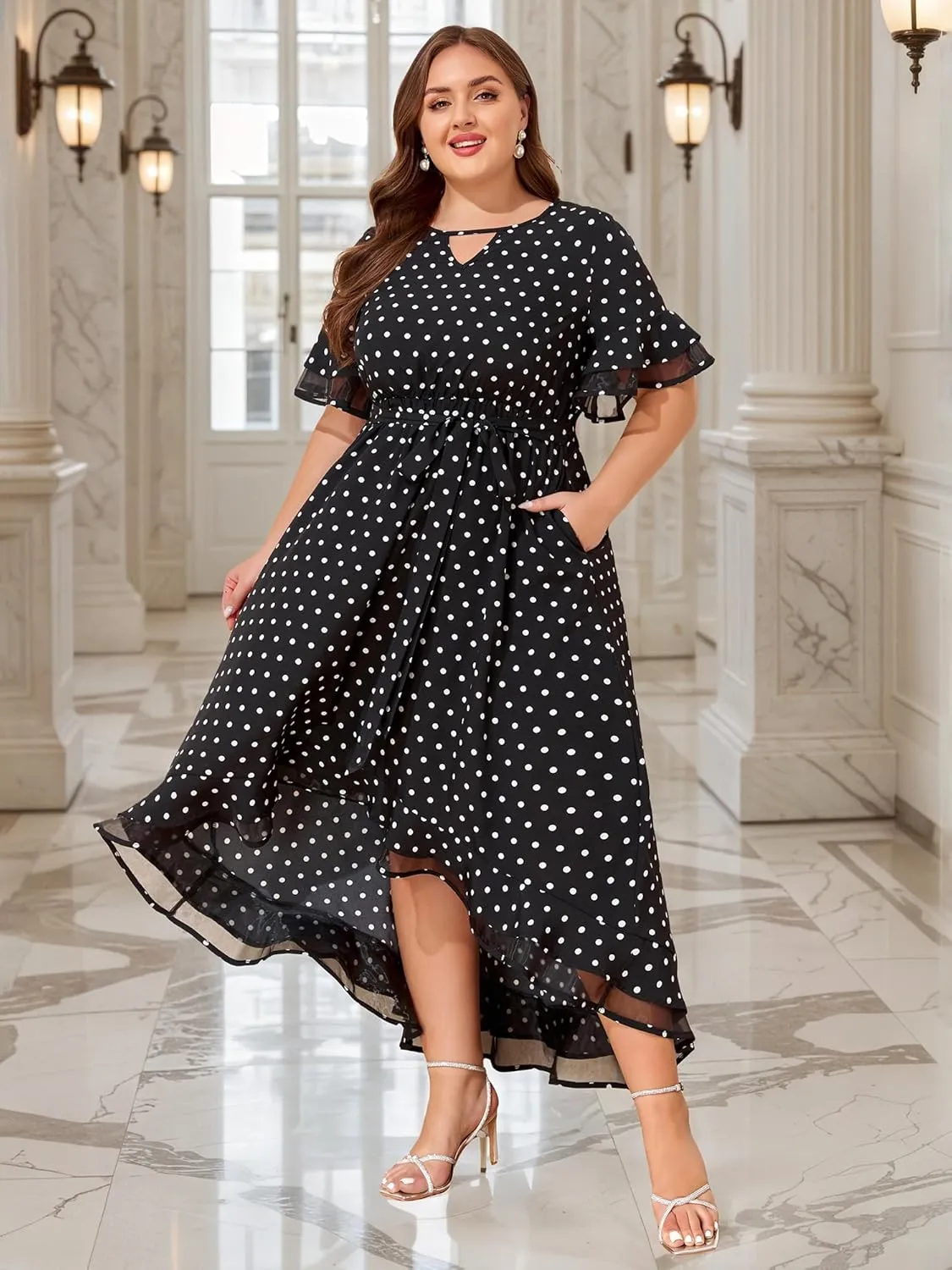 ZNU Womens Plus Size Evening Party Dresses Elegant Retro Cocktail Dress 2025 Summer Mesh Ruffle Sleeves Flowy Maxi Dress
