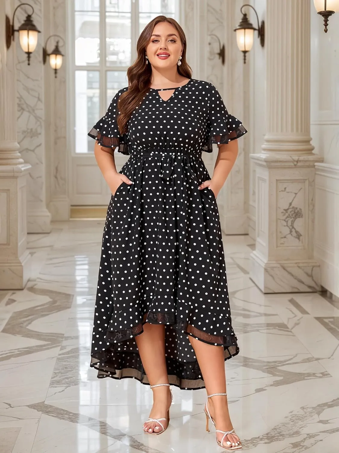 ZNU Womens Plus Size Evening Party Dresses Elegant Retro Cocktail Dress 2025 Summer Mesh Ruffle Sleeves Flowy Maxi Dress