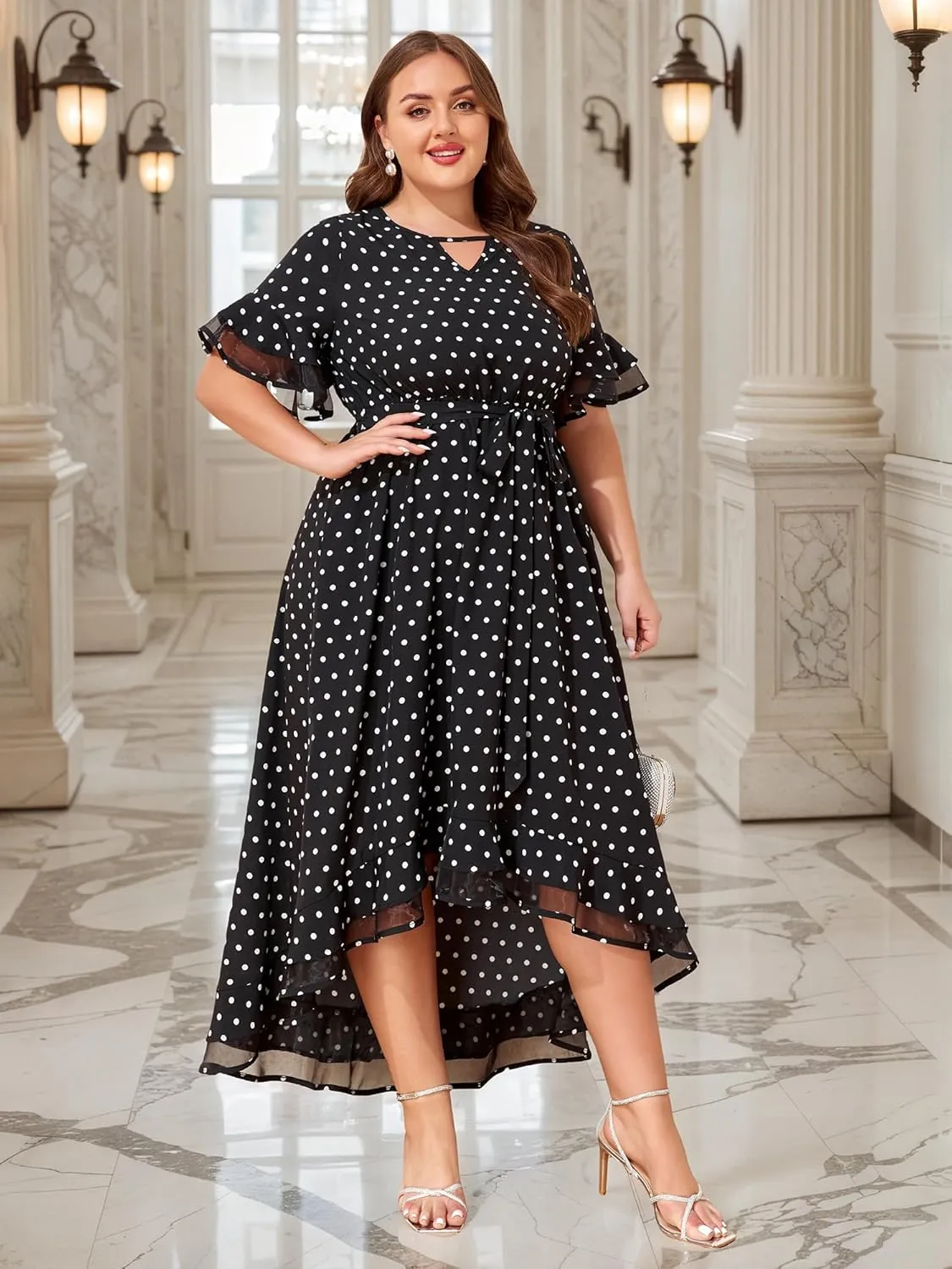 ZNU Womens Plus Size Evening Party Dresses Elegant Retro Cocktail Dress 2025 Summer Mesh Ruffle Sleeves Flowy Maxi Dress