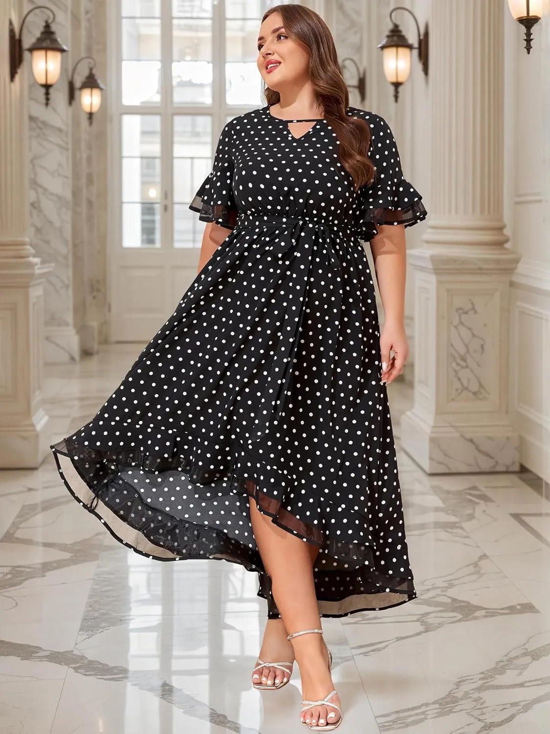 ZNU Womens Plus Size Evening Party Dresses Elegant Retro Cocktail Dress 2025 Summer Mesh Ruffle Sleeves Flowy Maxi Dress