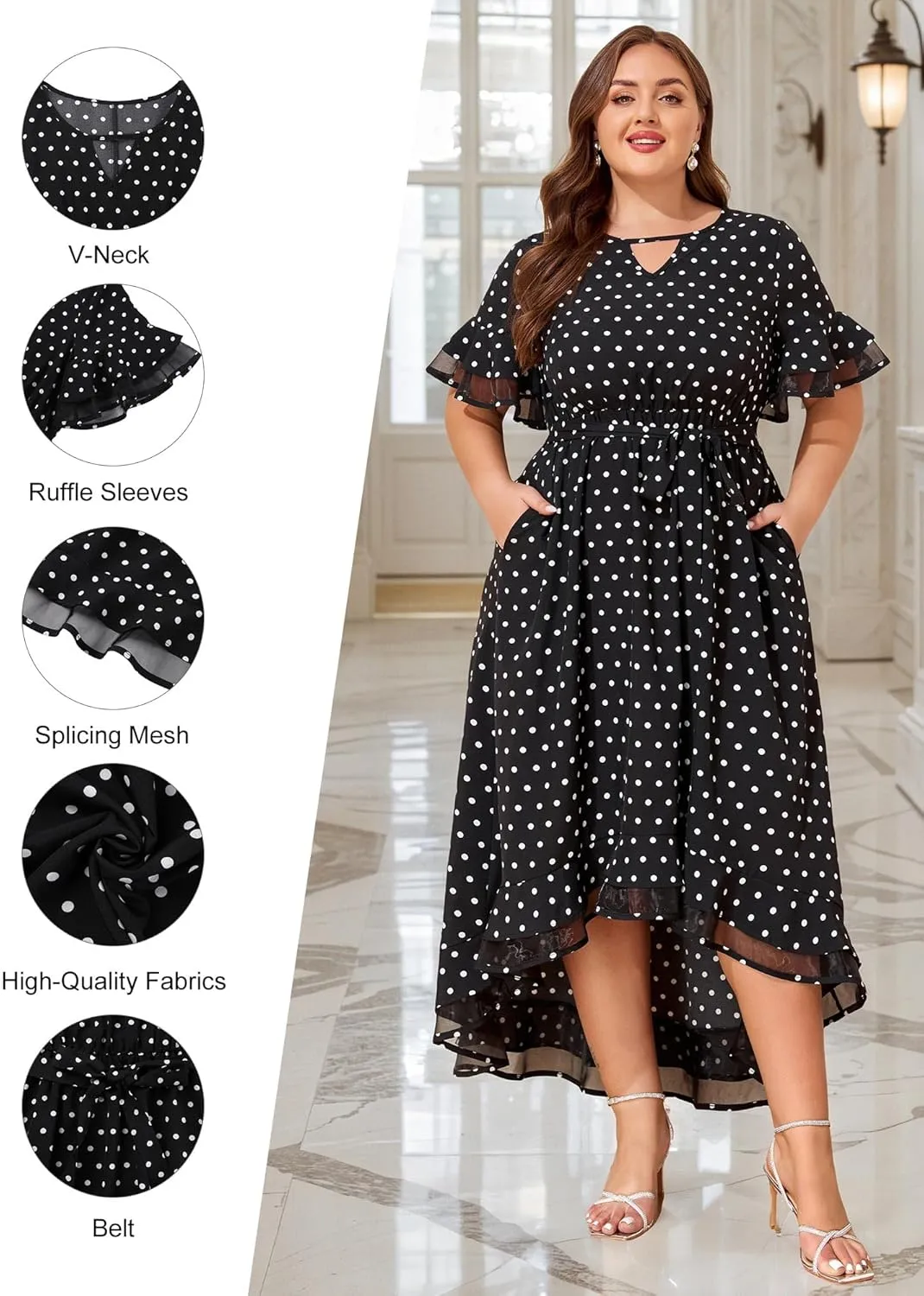 ZNU Womens Plus Size Evening Party Dresses Elegant Retro Cocktail Dress 2025 Summer Mesh Ruffle Sleeves Flowy Maxi Dress