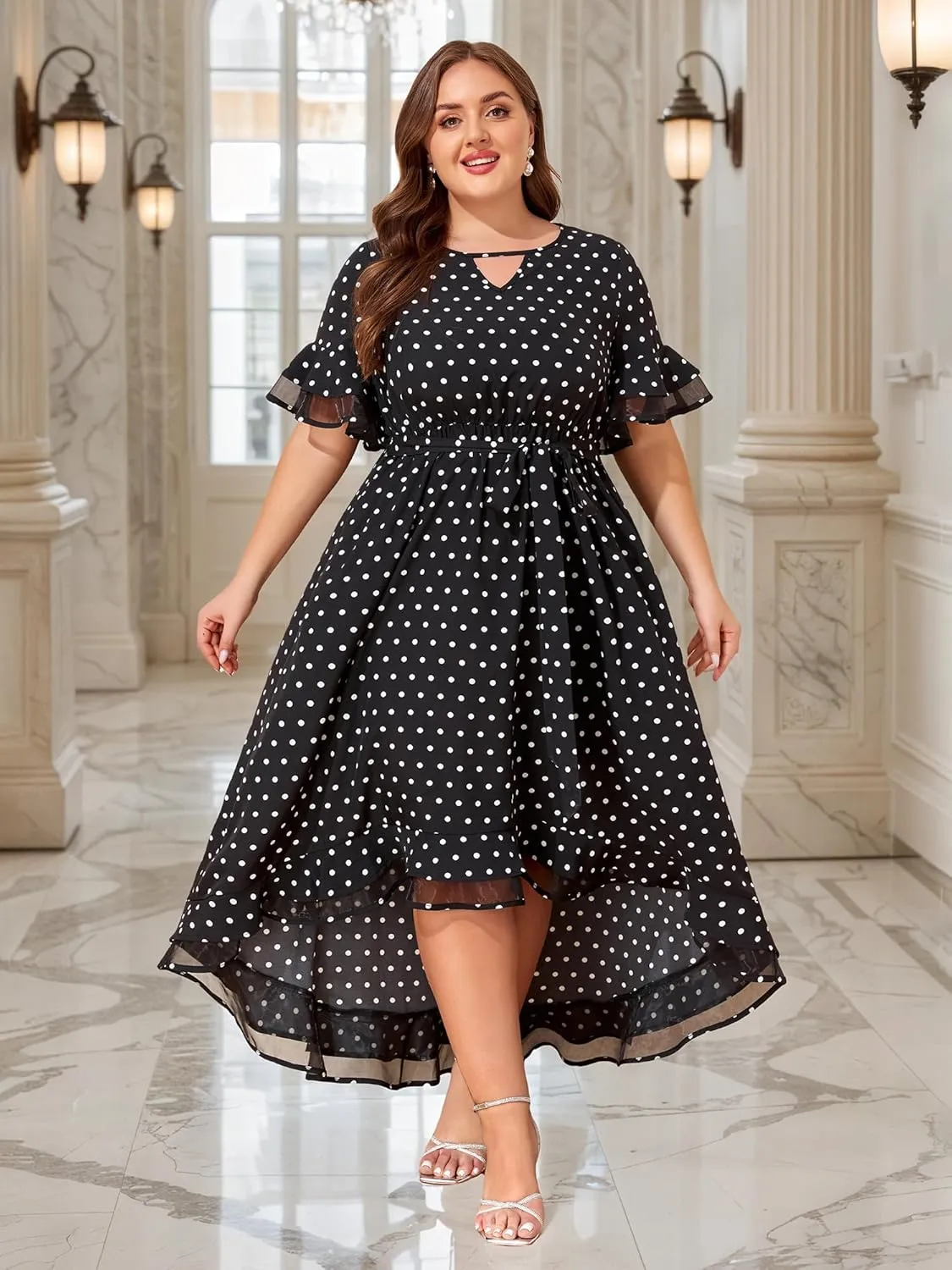 ZNU Womens Plus Size Evening Party Dresses Elegant Retro Cocktail Dress 2025 Summer Mesh Ruffle Sleeves Flowy Maxi Dress